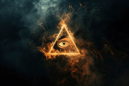 All seeing eye, illuminats, masons, symbol on dark back with smoke