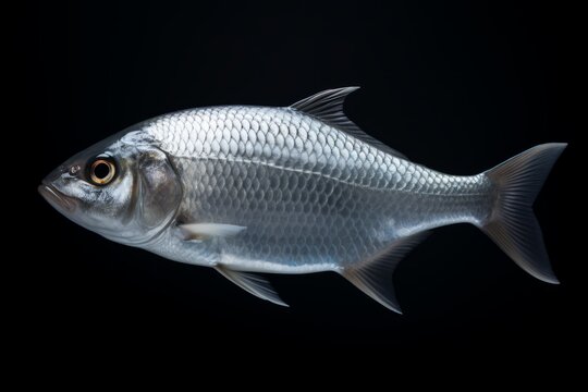 A painting of a white silver fish on a black background.