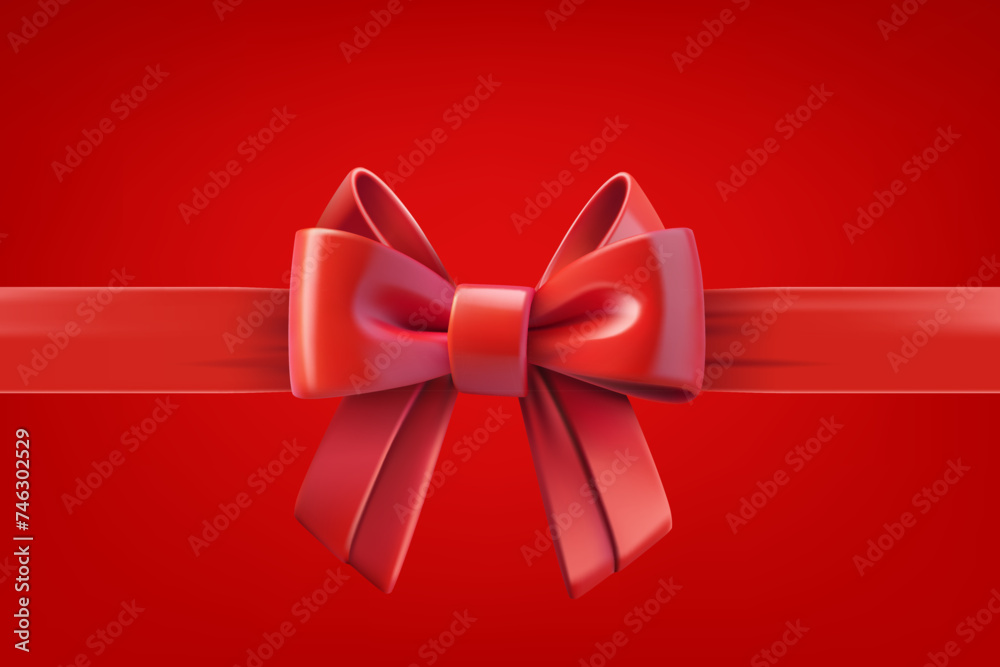Aufkleber Red ribbon with bow on red background. 3d vector design template

