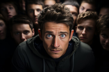 Fototapeta premium A terrified man with a frightened look standing in front of a group of people.