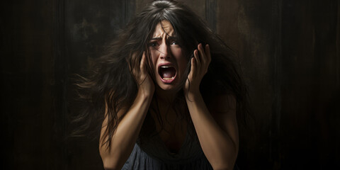 A woman with a scared expression, screaming with her hands on her face.