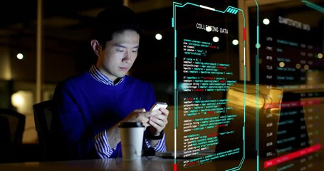 Animation of digital data processing on screens over asian man using smartphone - Powered by Adobe