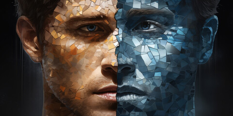 An artistic digital art, a portrait of a cyborg with a mosaic design on a person's face.