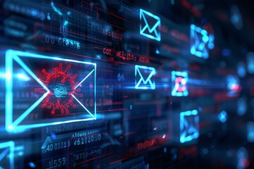 Email inbox with blue icons one red virus infected message among them warning of phishing threats - obrazy, fototapety, plakaty