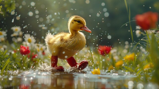 Duckling wearing rain boots splashing in puddles during spring shower lush flower filled meadow