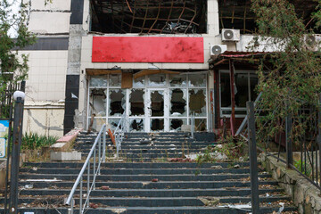 Residential building destroyed by military actions in Ukraine.