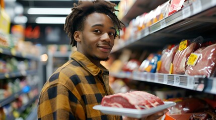 Young man in a plaid shirt shopping for meat in a grocery store. daily lifestyle, meal preparation. portrait of customer. AI - obrazy, fototapety, plakaty