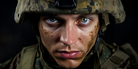A closeup portrait shot of a person wearing a helmet.