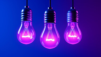 A group of three light bulbs sitting next to each other, purple and pink and blue neons, purple color lighting.