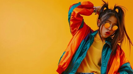 Fototapeta premium Modern Asian fashionista in chic streetwear striking a dynamic pose vibrant yellow background offering copyspace