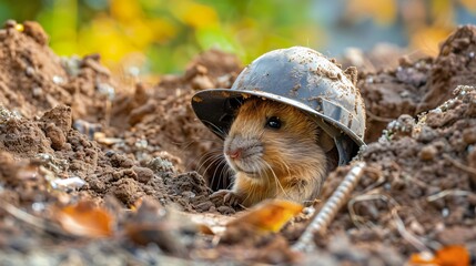 Fototapeta premium Mole in miners helmet digging through garden popping up in unexpected places surprising homeowner