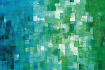 A highly abstract painting of green and white squares on a cool blue and green background.