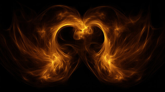 A pair of fiery golden wings of flame on a black background, a flame fractal.