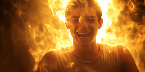 A man is laughing in front of a fire, with fire behind him, fire-breathing. - obrazy, fototapety, plakaty
