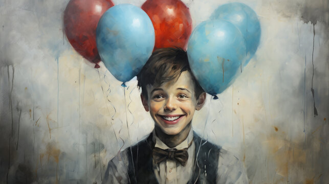 A painting of a boy with balloons on his head.