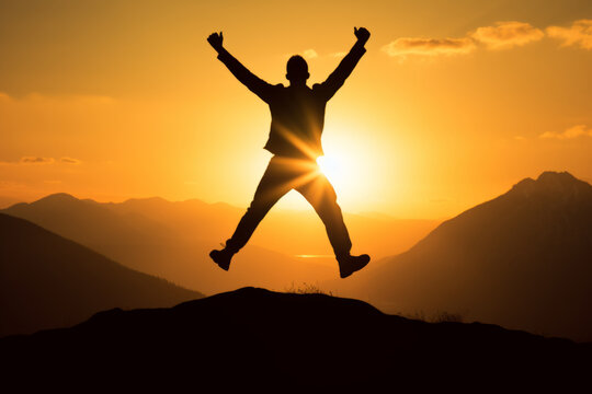 A person is jumping for joy, leaping with arms up in the air on top of a mountain.