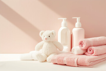 Baby bath accessories, bear sitting on a stack of pink towels and bottle of baby soap and lotion on pink background