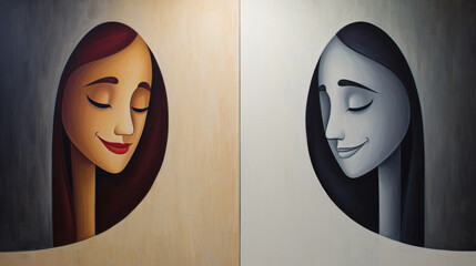 A couple of paintings that are on a wall, diptych, with differing emotions.