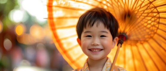 A young boy smiles under an umbrella. Generative AI.