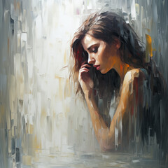 An emotional sad painting, a painting of a woman leaning against a wall, emotional oil painting.