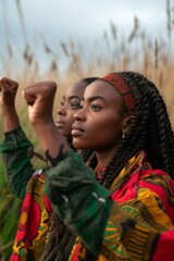 Fototapeta premium Two women in african clothing standing in a field. Generative AI.