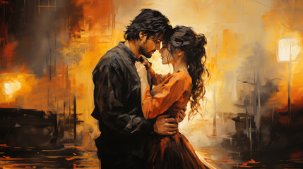 A romantic painting, a painting of a man and a woman embracing, romanticism painting.