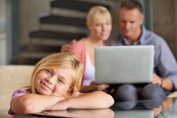 Smile portrait, child and parents in lounge with love, relax and laptop for streaming subscription...