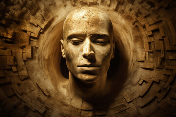 Fototapeta na wymiar A sculpture of a man's face, a giant gold head statue ruins, a portrait of a male humanoid made of gold.