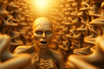 A sculpture of a person looming over a horde of gold, the golden humanoid robot with a glowing golden aura.