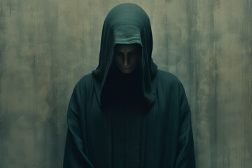 A dark cloaked figure, a man with a hood on standing in front of a wall, wearing a dark robe. - obrazy, fototapety, plakaty