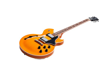 Orange Electric Guitar With Black Knobs. An orange electric guitar with black knobs is positioned...