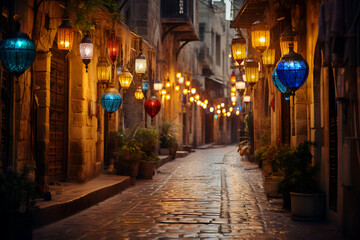 Old street with lanterns in Istanbul. Turkey at night time.