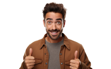 A man with a prominent mustache is smiling and giving a thumbs up gesture. His facial expression conveys positivity and confidence. On PNG Transparent Clear Background.