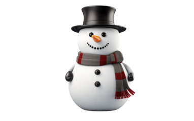 Snowman Wearing Hat and Scarf. A snowman standing with a carrot nose, coal eyes, buttons, a hat, and a scarf in a winter setting. On PNG Transparent Clear Background.