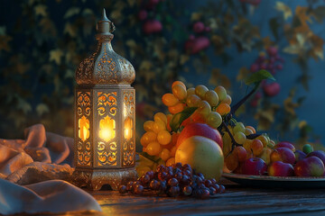 Obraz na płótnie Canvas Islamic ramadan with golden lantern and fruit on a flat surface. Eid Mubarak, Ramadan Kareem