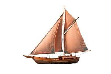 A small sailboat with a brown sail is sailing on the water. The sail is billowing in the breeze as the boat glides through the water. On PNG Transparent Clear Background.