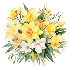 Fototapeta na wymiar Cheerful Daffodil Blooms in Watercolor