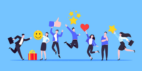 Employee feedback work satisfaction survey business concept flat vector illustration. Employee or customer feedback rating opinion with people and social icons - thumb, smile emoji, stars and heart.
