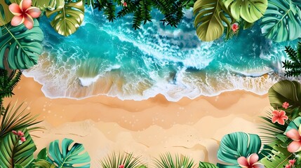 Tropical Beach with Hyper-Realistic Waves and Greenery