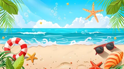 Tropical Beach Scenery with Starfish and Flowers
