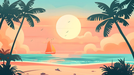 Fototapeta na wymiar Vector Illustration of a Beach and Sunset with Palm Trees and a Sailboat