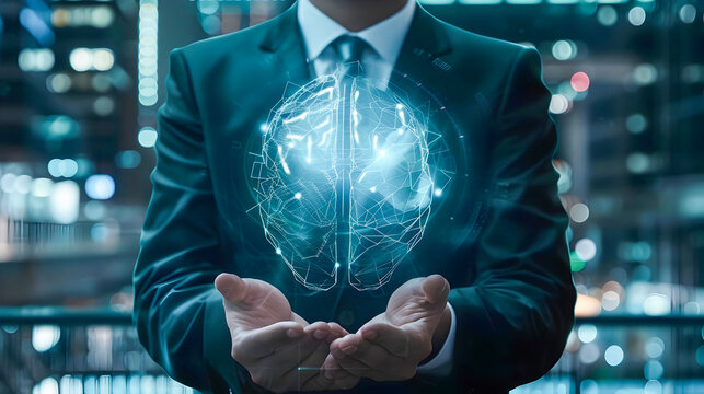 Smart City Concept Digital Man Holding Artificial Brain