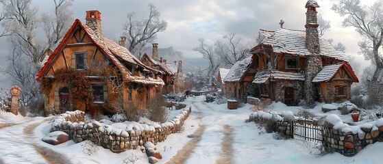 An Ancient Village In Winter. Illustration On The Theme Of History And Architecture, Life Of People And Territories. Generative AI	
