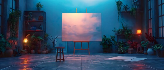 Artist's studio with canvas. Illustration On The Theme Of Artists And Exhibitions, Art And Galleries. Generative AI	
