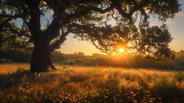 Golden Light Sunrise or Sunset with Oak Tree in the Field