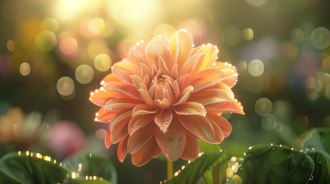 Flower shines bright, early sun highlights colors, dewdrops add sparkle. Single flower stands tall, morning dew highlights its beauty.