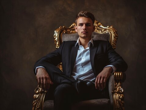 Young confident businessman sitting on the throne, dramatic light, studio photo, professional shooting, sharp focus