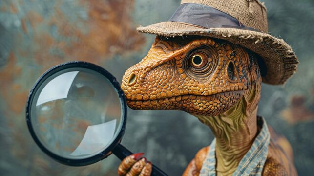 Troodon in a detective hat solving mysteries with a magnifying glass