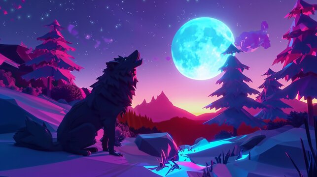 Wolf howling at a digital moon in VR leading a virtual pack in song