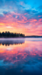 Fototapeta na wymiar Tranquil Morning at a Lake Cabin: Vivid Sunrise Reflecting off Calm Waters with Silhouetted Pier
